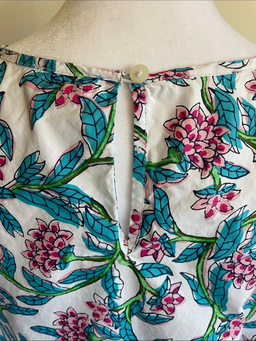 J. CREW Puff Sleeve White Smocked Floral Blouse with Teal & Pink Print XL